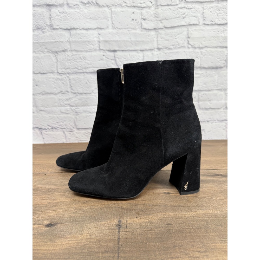 Sam‎ Edelman Black Suede Ankle Boots Block Heel Zip Minimalist Parisian Chic 9.5